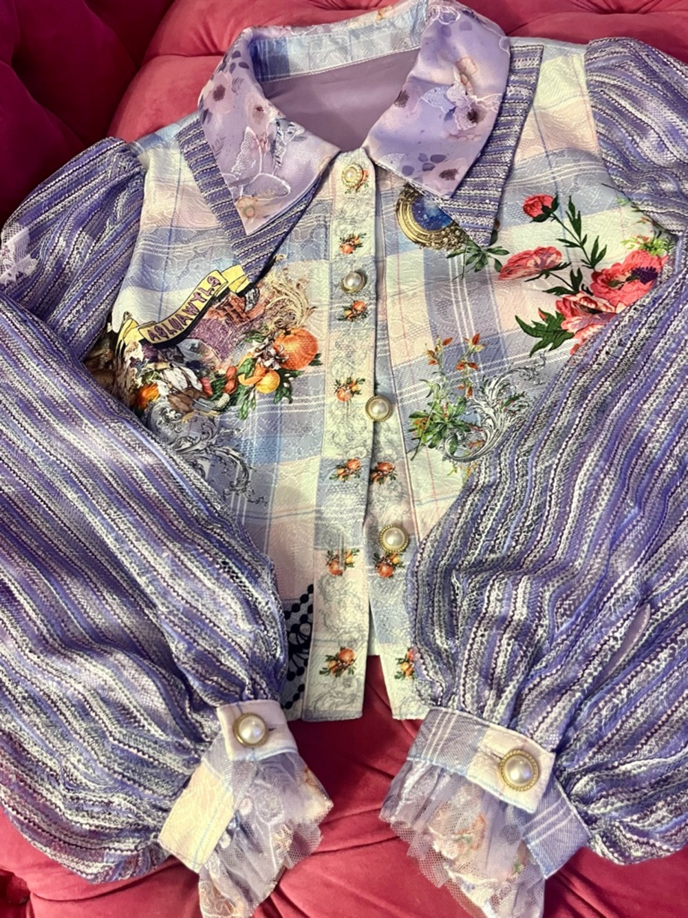 BURRYCO 2pc Blouse & Skirt Set -
Size 0 - Lilac Floral Plaid Jacket & Mini Skirt - Picture 10 of 16